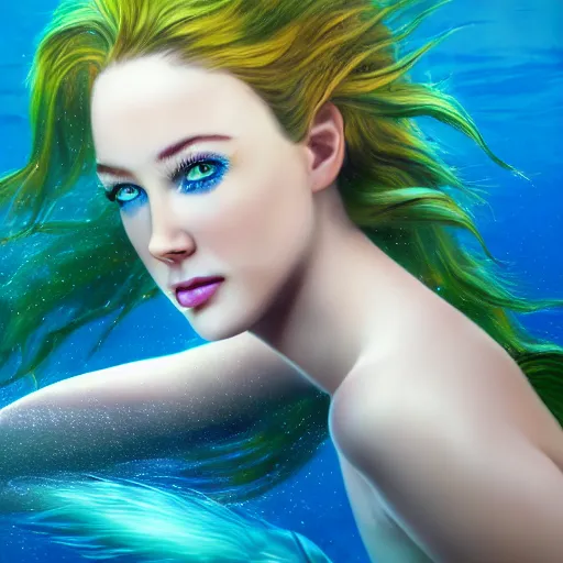 Prompt: an extremely realistic photoart of a fantastic realistic mermaid with an ultra perfect and ultra detailed wild face with beautiful, ultra detailed wild blue eyes a fantastic crown of diamons and a galaxy realistic tail, swimming in a beautiful blue ocean