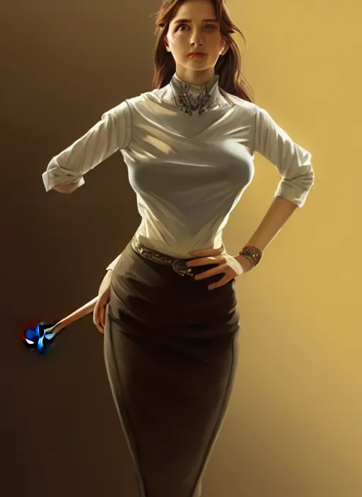 Image similar to portrait of a full body of beautiful young female secretary, d & d, sleeveless turtleneck, pencil skirt, fantasy, flat lighting, intricate, highly detailed, digital painting, artstation, concept art, smooth, sharp focus, illustration, art by simon bisley and greg rutkowski and alphonse mucha, natural tpose