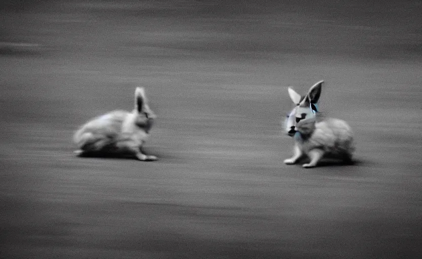 Prompt: rabbit, in motion, blur, action, wood, lomography photo, unfocus, monochrome, 35mm, noise effects filter