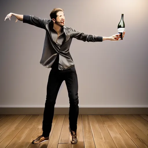 Image similar to A male model boisterously dancing around the room by himself holding an empty wine bottle as he jumps in the air by Lynda Benglis, octane render, 4k, 8k, (sharp) , very very beautiful, stunning, twisted, vanishing, transparent, ethereal