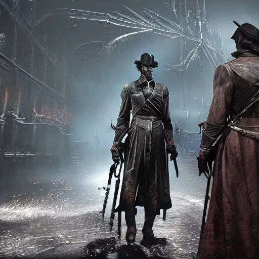 Image similar to Gameplay screenshot of Keanu Reeves as a boss in Bloodborne, film still, photorealistic