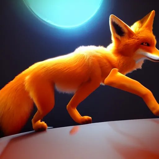 Image similar to a photography of a kitsune fox inside a spaceship, realistic unreal engine 5