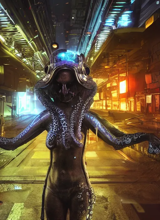 Image similar to hyperrealism, detailed textures, photorealistic 3 d cyberpunk octopus queen in apocalyptic city, futuristic clothing and helmet, neon colors, ultra realistic, cinematic, intricate, low light, unreal engine 8 k