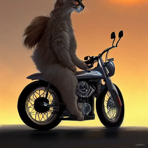 Image similar to cute fluffy caracal riding a harley motorcycle, road, sunset. adventurous, atmospheric lighting, stunning. by ted nasmith, makoto shinkai, rossdraws, james jean, andrei riabovitchev, marc simonetti, krenz cushart, trendig on artstation, digital art