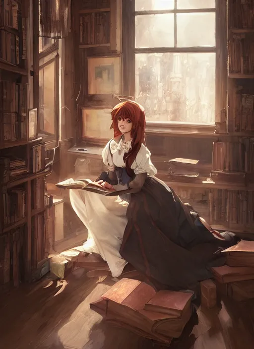 Image similar to a victorian maid with long flowing auburn hair in a reading room. By Makoto Shinkai, Stanley Artgerm Lau, WLOP, Rossdraws, James Jean, Andrei Riabovitchev, Marc Simonetti, krenz cushart, Sakimichan, trending on ArtStation, digital art.