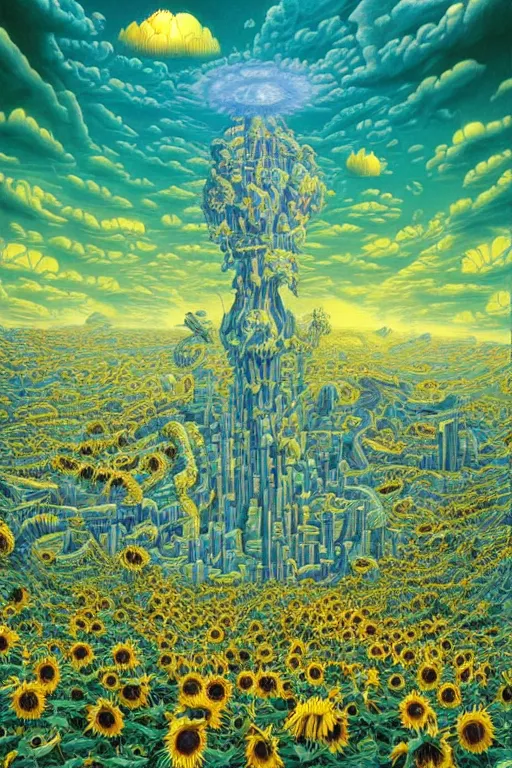 Prompt: psychdelic city dreamworld in the clouds, surrealist and abstract digital art trending on artstation by artist Rob Gonsalves and Mark Riddick supreme peace immense knowledge black green mint yellow deep sunflower dmt art