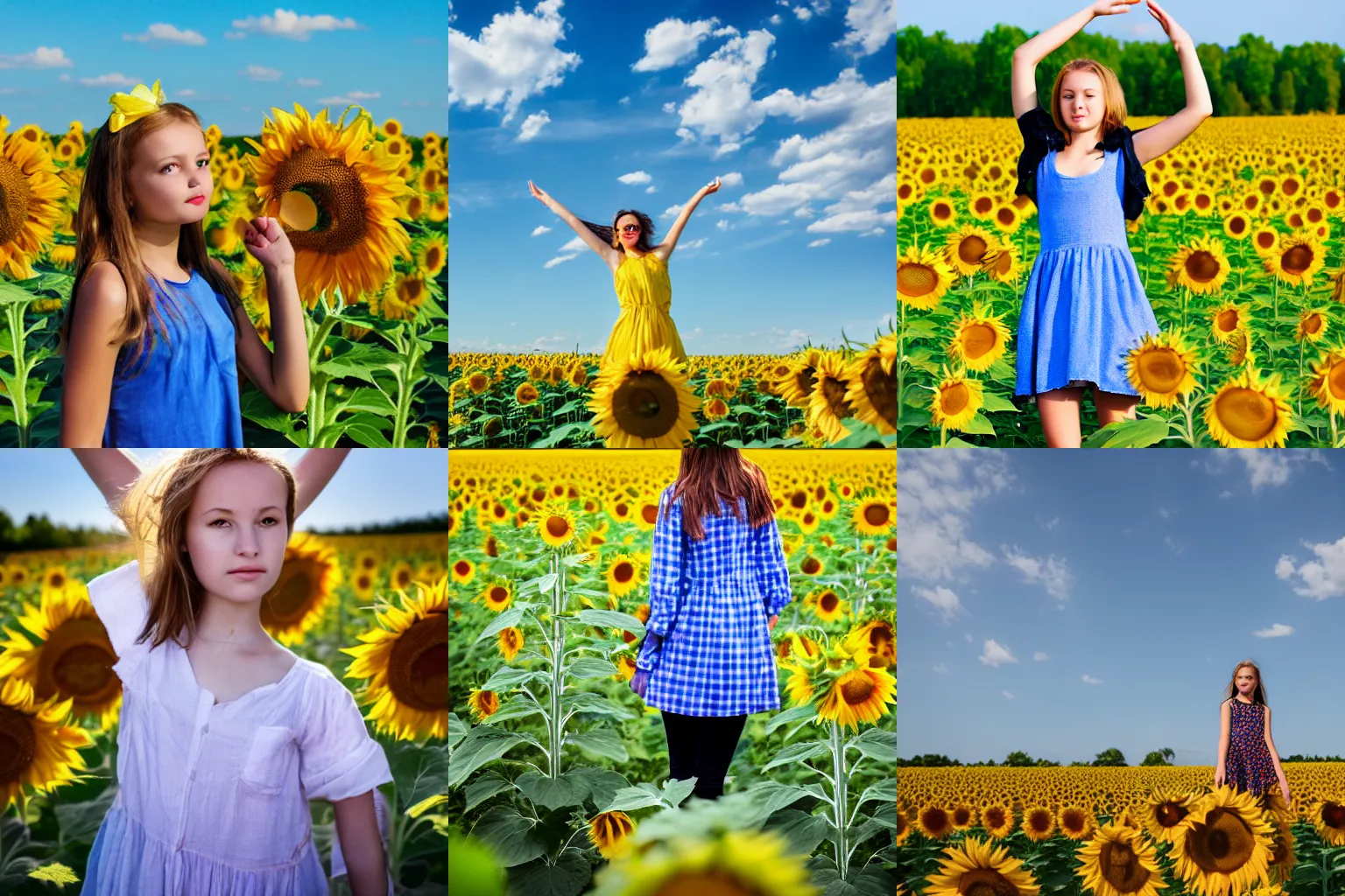 Prompt: Ukrainian girl standing in a field of sunflowers, blue sky. backlit, octain