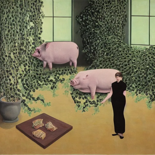 Image similar to a pathology student in her apartment, wrapped in vines, large stones, pig, black walls, ikebana, black armchair, puddles, moss, acrylic on canvas, surrealist, by magritte and monet