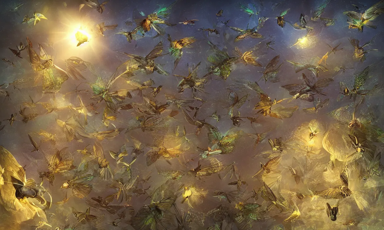 Image similar to discworld theme, moth, flocking birds, 3 d art, digital illustration, perfect lighting