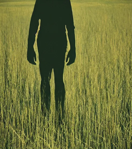 Prompt: tall shadow person figure standing in meadow of grass, film photo, grainy, high detail, high resolution