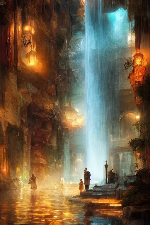 Image similar to inside the antique street of atlantis the city of water, waterfall, intricate, elegant, volumetric lighting, digital painting, highly detailed, artstation, sharp focus, illustration, concept art, ruan jia, steve mccurry