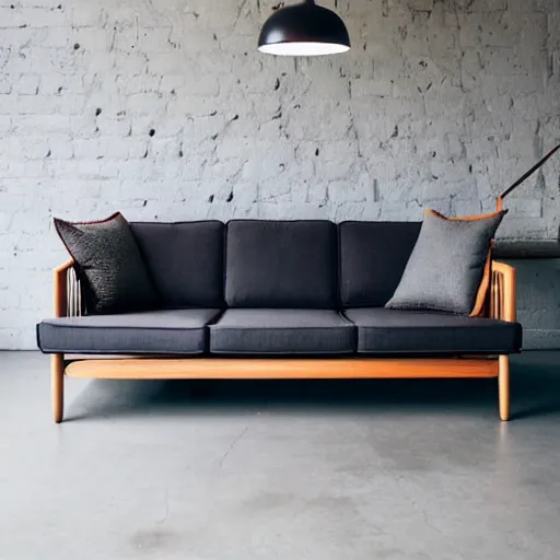 Image similar to wooden sofa, square cushions, studio lighting, scandinavian design, minimalist