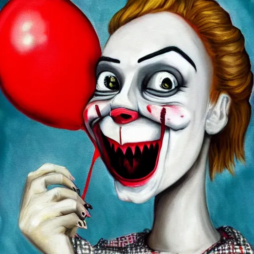 Image similar to grunge cartoon painting of margot robbie with a wide smile and a red balloon by chris leib, loony toons style, pennywise style, corpse bride style, horror theme, detailed, elegant, intricate