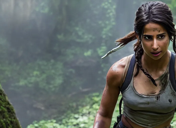 Prompt: film still of!!!! naomi scott!!! as lara croft in new tomb raider movie, 8 k