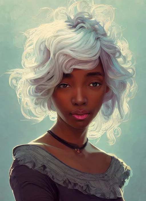 Image similar to handsome young black women with shoulder length white hair, half body shot, path traced, highly detailed, high quality, digital painting, alena aenami, lilia alvarado, shinji aramaki, karol bak, alphonse mucha, tom bagshaw