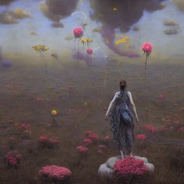 Prompt: A woman wearing clothes made out of thunder clouds and flowers, people floating in the sky, apocalypse, yellow skin, Masterpiece, glowing, wires everywhere, by Edgar Maxence and Ross Tran, Zdzisław Beksiński, and Michael Whelan, distant, gustav dore, H.R. Giger, 8k, octane render