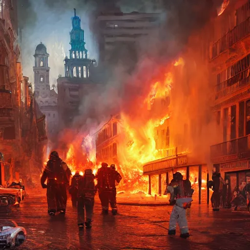 Image similar to City ablaze after cryptic aliens burned the old city center, people panicking and tanks rolling on the streets, cinematic lighting, high quality 8k hd, oil on canvas, hyperralistic art