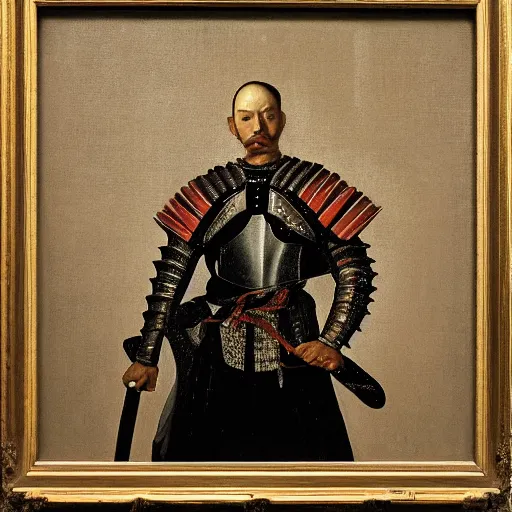 Prompt: a renaissance style portrait of a full armored samurai by Caravaggio, oil painting, thick brush strokes, loose details