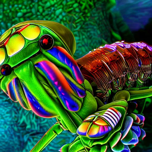 Prompt: the world through the eyes of a mantis shrimp, HD, ultra detailed 4k unreal engine, trippy, illustration mixed media