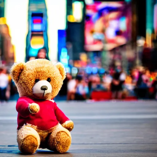 Image similar to teddy bear skateboarding in time square, bokeh, hyper realistic, street photography