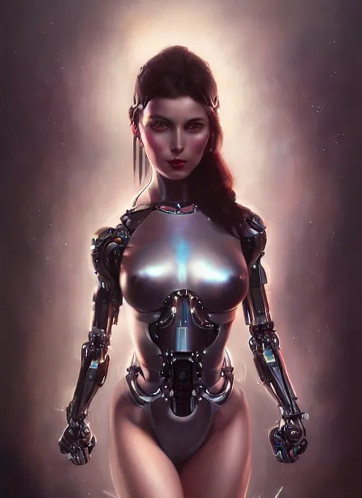 Image similar to a beautiful woman with cybernetic muscles, painted by artgerm and tom bagshaw, fantasy art, dramatic lighting, highly detailed oil painting