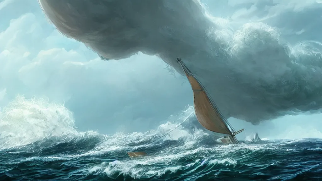 Image similar to a gigantic cat bursting out of a stormy sea attacking a small sail boat, wet fur, giant waves, sunbeams in background, intricate, detailed, volumetric lighting, sharp focus, scenery, photorealism, digital painting, highly detailed, concept art, by roger dean and simon stalenhag and mark brooks