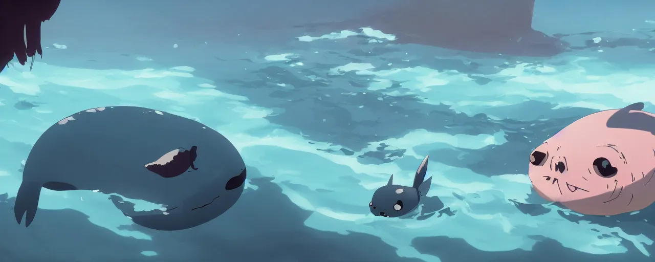 Image similar to piranhas surround a baby harp seal swimming in a tropical river, atey ghailan, goro fujita, studio ghibli, rim light, dark lighting, clear focus, very coherent