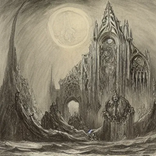 Image similar to an underwater gothic cathedral at the bottom of the ocean surrounded by mermaids, by gustave dore, francisco goya, william blake, dark and scary abyssal ambient, utradetailed, matte painting, smooth zenithal lighting, epic masterpiece,