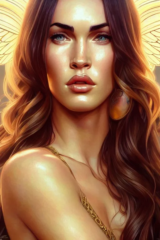 Image similar to portrait of megan fox as an blonde angel, wings, intricate, headshot, highly detailed, digital painting, artstation, concept art, sharp focus, cinematic lighting, illustration, art by artgerm and greg rutkowski, alphonse mucha, cgsociety