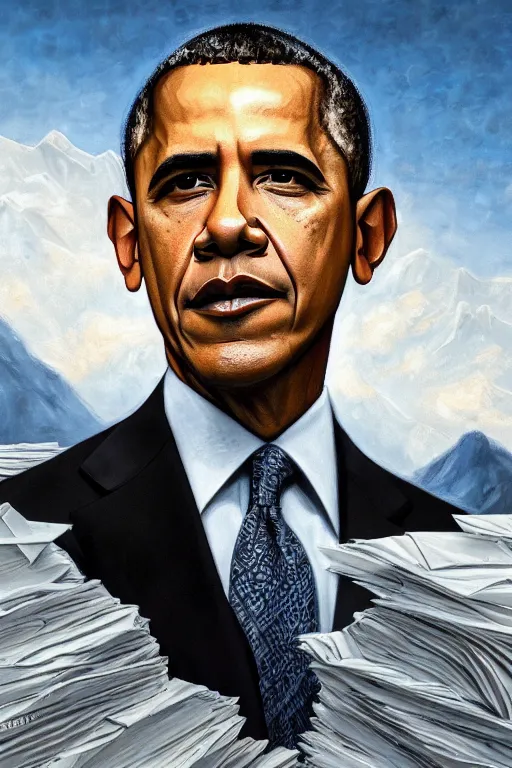 Prompt: obama standing next to a mountain made of papers, oil on canvas, intricate, portrait, 8 k, detailed, hdr, cgsociety