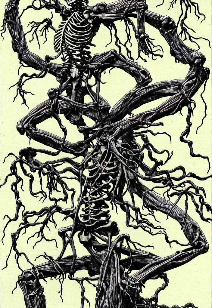 Image similar to prompt: anatomy dissection drawing skeleton Bonsai tree squid creature roots merging into big moon drawn by Takato Yamamoto, bonsai skeleton anatomy atlas, veins and organs attached to tree roots, alchemical objects inspired by 1980's sci-ci, old experimentation cabinet, intricate oil painting detail, manga 1980