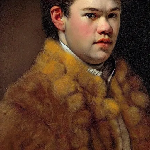 Prompt: Chess Grand master Magnus Carlsen, hyperrealistic 18th century oil portrait by Rembrandt, award-winning masterpiece