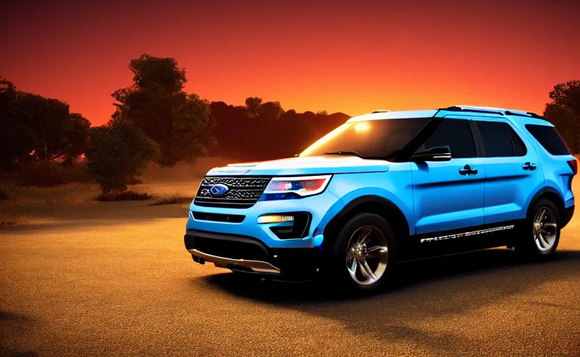 Prompt: a ford explorer parked at a drive in movie theater at sunset, concept art, hyperrealistic, octane render, unreal engine 5, path traced, highly detailed, high quality, 8 k, dramatic lighting, cinematic, high coherence, symmetrical, high contrast, lens flare, godrays