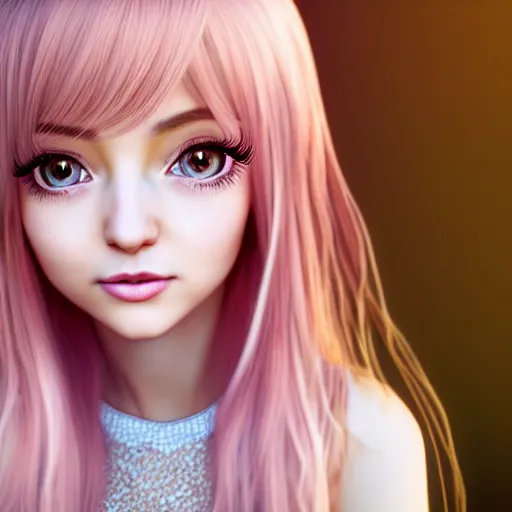 Image similar to beautiful intricate photograph of nikki from shining nikki dress - up game, a cute young woman, light pink hair, long hair with full bangs, full heart - shaped face, hazel amber eye color, pale skin, light blush, chinese heritage,, smiling softly, golden hour, soft focus, 8 k, hyperrealism, hyperdetailed