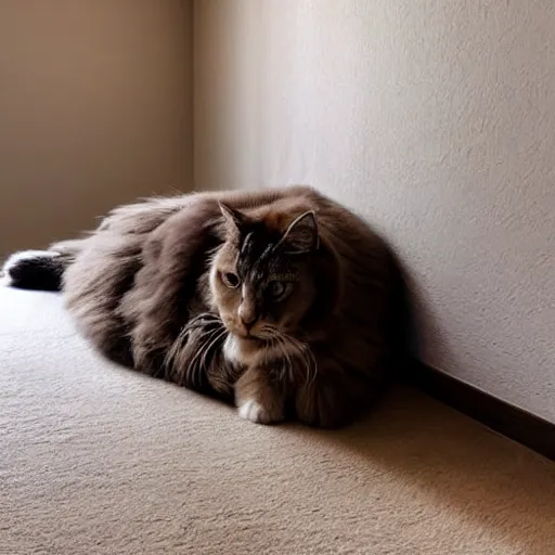 Image similar to An enormous fluffy cat laying on a bed that is barely big enough for it, stretching in the sunshine, soft color palette, sun rays, window blinds half shut