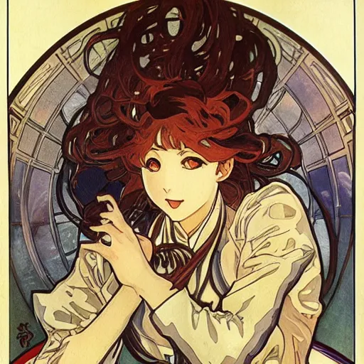 Image similar to anime manga mecha gundam robot portrait by Alphonse Mucha art nuevou