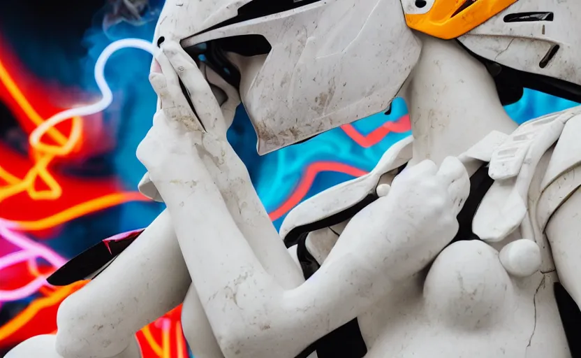 Image similar to extremely beautiful photo of a white marble statue of a girl with colorful motocross logos and motorcycle helmet with closed visor, colorful smoke in the background, carved marble statue, symmetrical, vogue, fine art, neon genesis evangelion, virgil abloh, offwhite, denoise, highly detailed, 8 k, hyperreal