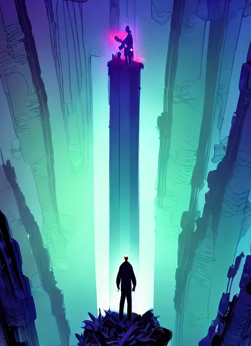 Image similar to comic book art of a [ man ] in trenchcoat with ( glowing ) [ gloves ] and [ boots ] in a [ jungle ] looking up at a [ tower ] extending into the sky made of crystalized glowing rock,, low angle, artstation illustration, elegant, cyberpunk, volumetric fog, arcane by tim doyle