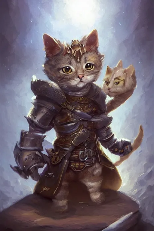 Image similar to cute little anthropomorphic cat knight wearing a cape and a crown, tiny, small, miniature cat , baby animal, short, pale blue armor, cute and adorable, pretty, beautiful, DnD character art portrait, matte fantasy painting, DeviantArt Artstation, by Jason Felix by Steve Argyle by Tyler Jacobson by Peter Mohrbacher, cinematic lighting