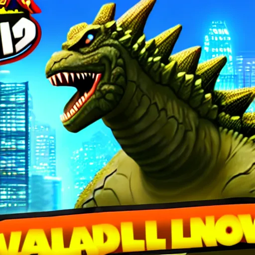 Image similar to an in-game screenshot of Godzilla as a playable skin in Subway Surfers, as coherent as Dall-E 2