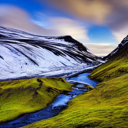 Prompt: photo of a landscape with mountains with waterfalls and snow on top, wallpaper, iceland, new zeeland, professional landscape photography, sunny, day time, beautiful - n 9