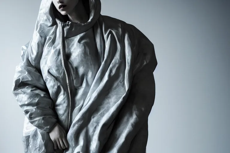 Image similar to well lit fashion shoot portrait of extremely beautiful female marble statue wearing huge over size puffer jacket by dingyun zhang, yeezy, balenciaga, vetements, a cold wall, sharp focus, clear, detailed,, cinematic, detailed, off white, glamourous, symmetrical, vogue, editorial, fashion, magazine shoot, glossy