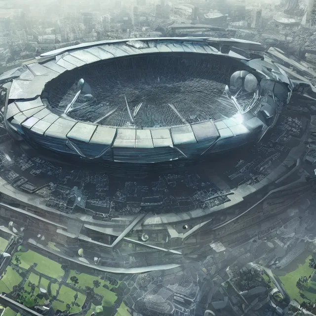 Image similar to a futuristic stadium with a giant metal gear on the field, the stadium has a full crowd, unreal engine, hyper realism, realistic shading, cinematic composition, realistic render, octane render, detailed textures, photorealistic, wide shot