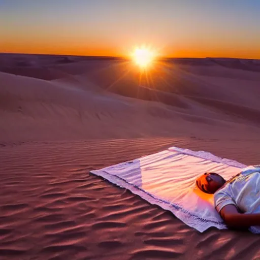 Prompt: a photo a Ghandi sleeping rough in the Sahara a sunrise, perfect lighting