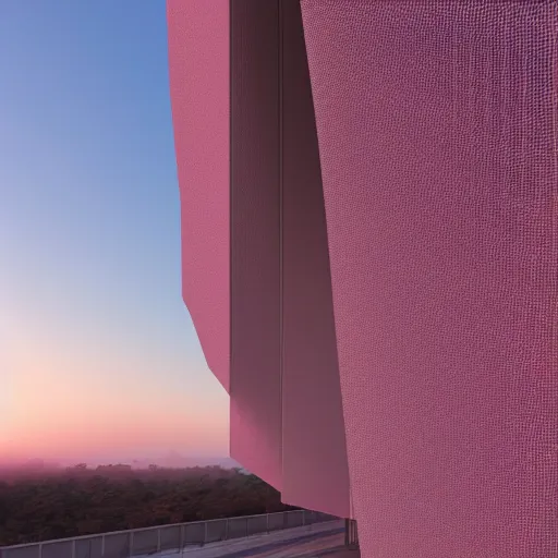 Prompt: parametric architecture, museum, concrete, facede fabric and mesh in faded pink, morning fog, blue hour, archviz, cgi, trending on artstation, corona renderer, unreal engine, ray tracing