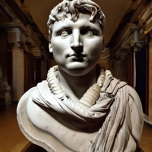 Image similar to the roman emperor augustus mixed with cat sculpture of stanisław szukalski