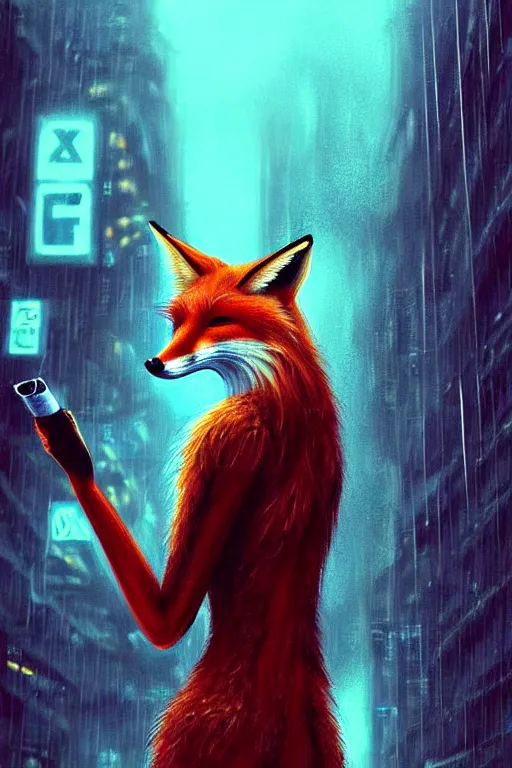 Image similar to beautiful portrait of a tall female anthro fox, smoking a cigarette in the rain, shoulders taller than the crowd, in a wet street of a city, cyberpunk, harsh neon lights, highly detailed, deep shadows, digital painting, shallow depth of field, illustration, art by sakimichan, artgerm