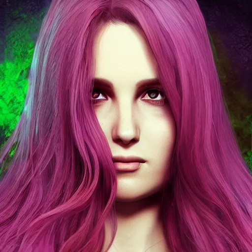 Image similar to portait elissar zakaria khoury lebanese artist, centred, sadness look, long purple hair, hd, unreal engine, final fantasy style amazing green background theme