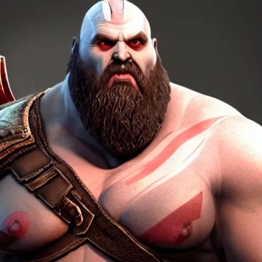 Image similar to morbidly obese god of war has like ten chins