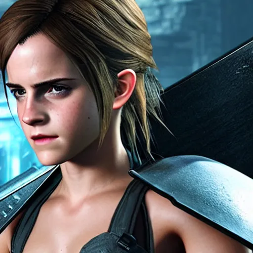 Prompt: emma watson in final fantasy vii remake, character render, full body shot, highly detailed, in game render